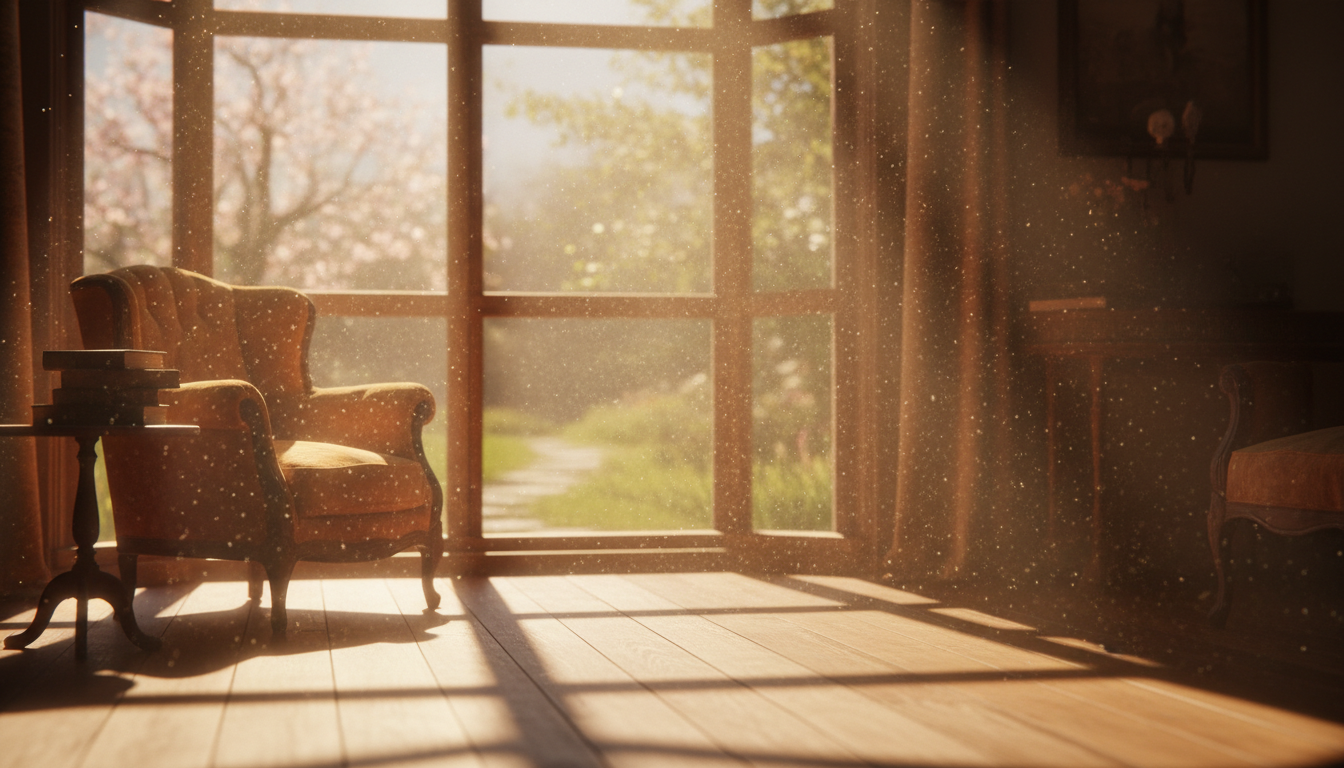 Veo gallery: interior sunbeams with dust particles—warm tone, shallow depth, cinematic atmosphere; badge ‘Veo’.