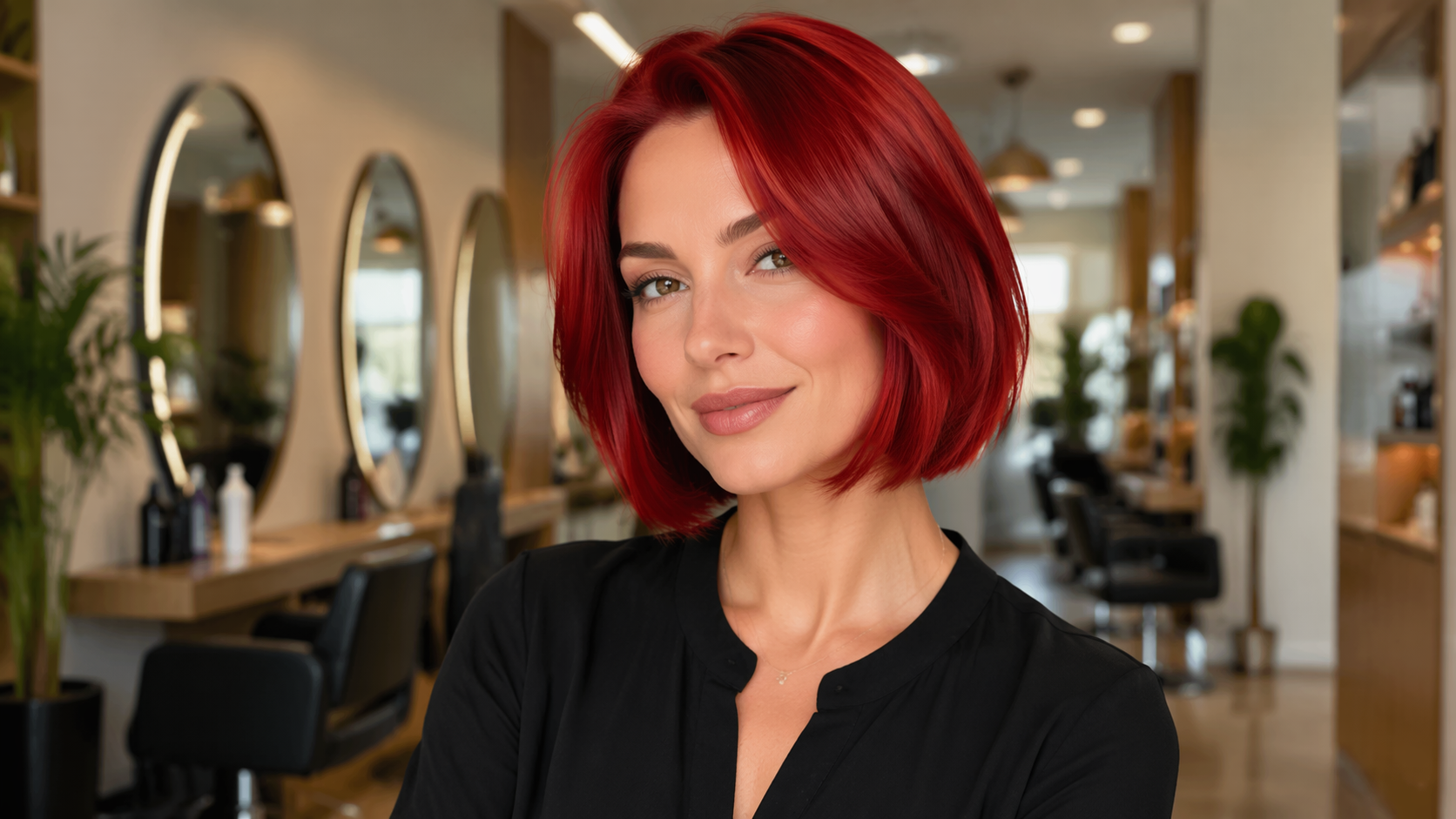 Contoh prompt filter rambut merah Dreamina 6: Cherry Red Bob Style