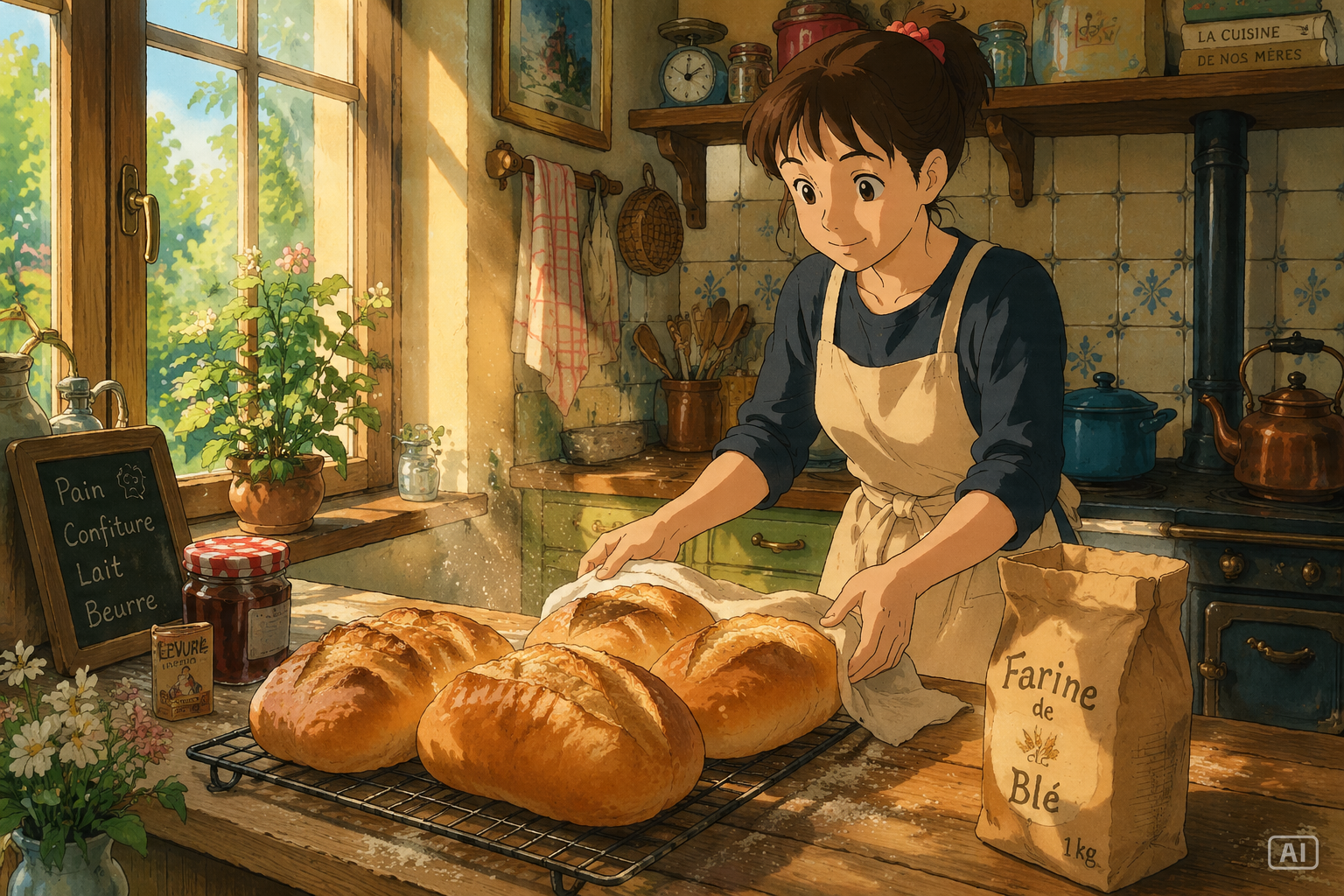 Watercolor Pastoral Anime style sunlit kitchen art generated by Pippit