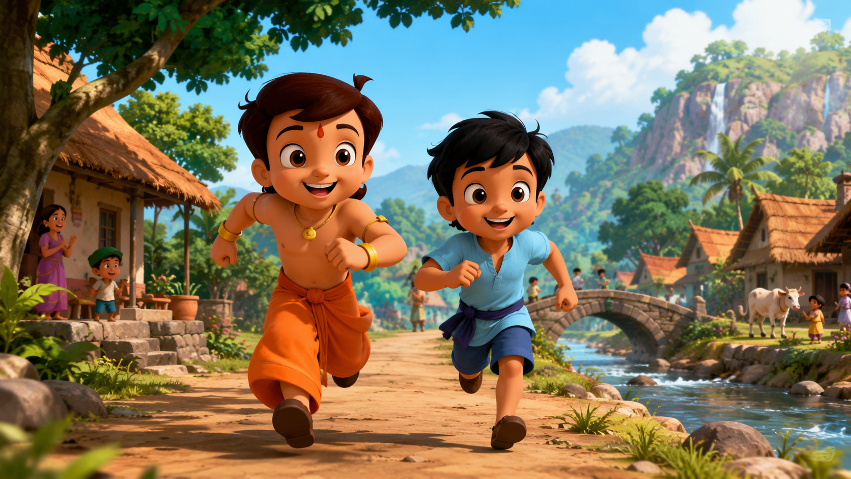 Dreamina Chota Bheem e Raju AI Esempio di prompt video 1: Village Adventure Run
