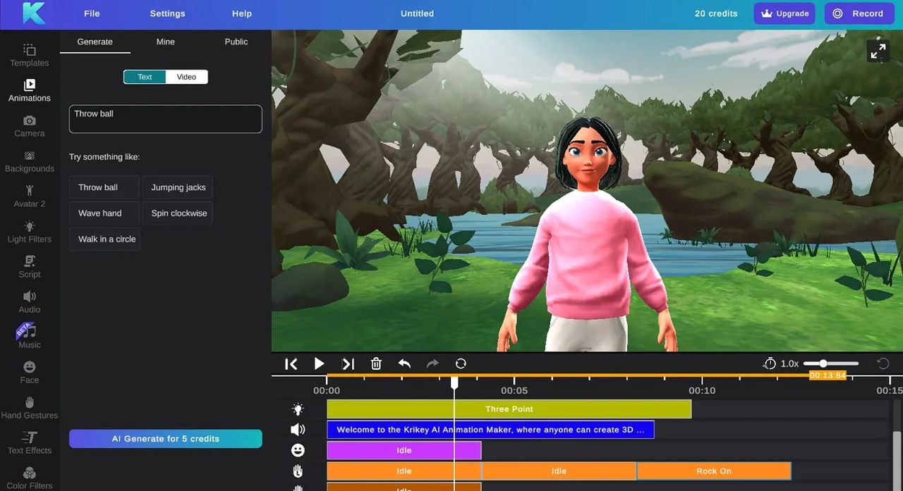 Interfaz del sitio web del creador de animación 3d - Krikey.AI para crear una animación 3D