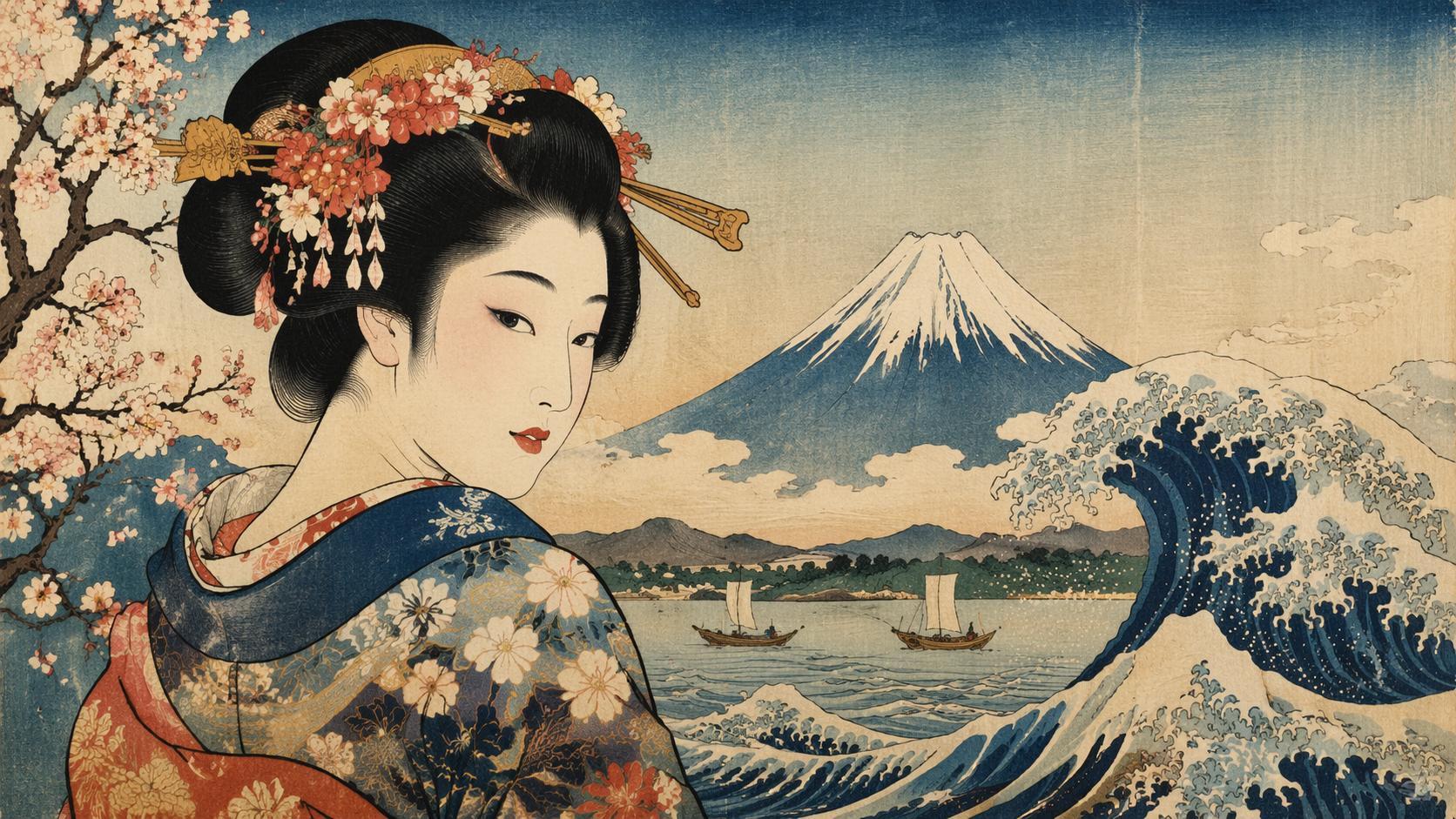 Dreamina AI Ukiyo E filter prompt example 1: Woodblock Wave Portrait