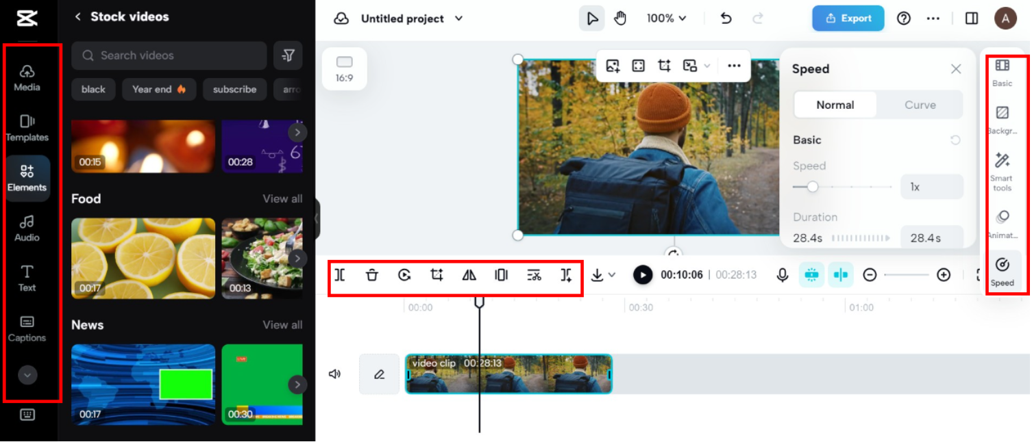 CapCut web editor with stock videos, editing tools, and speed controls for a forest clip