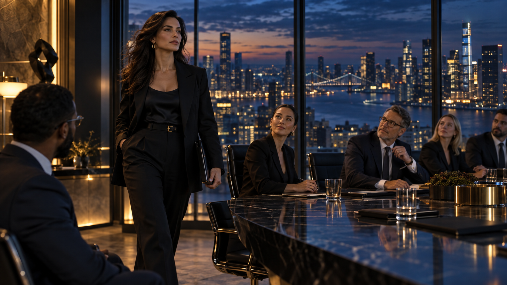 AI boss video: Blue-Hour Boardroom Entrance