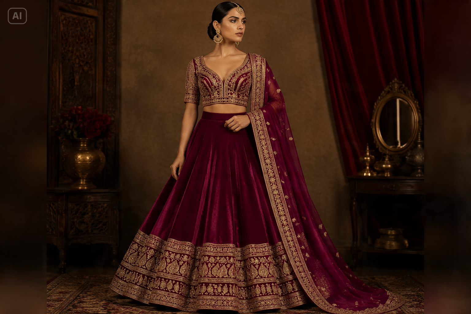 Kunglig Röd Siden Brud Lehenga