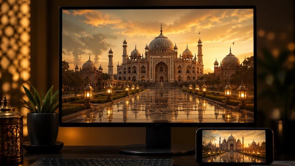 Golden-hour beach portrait of a fictional adult Mughal Majesty Ai Cinematic Stle 8K Video Prompt