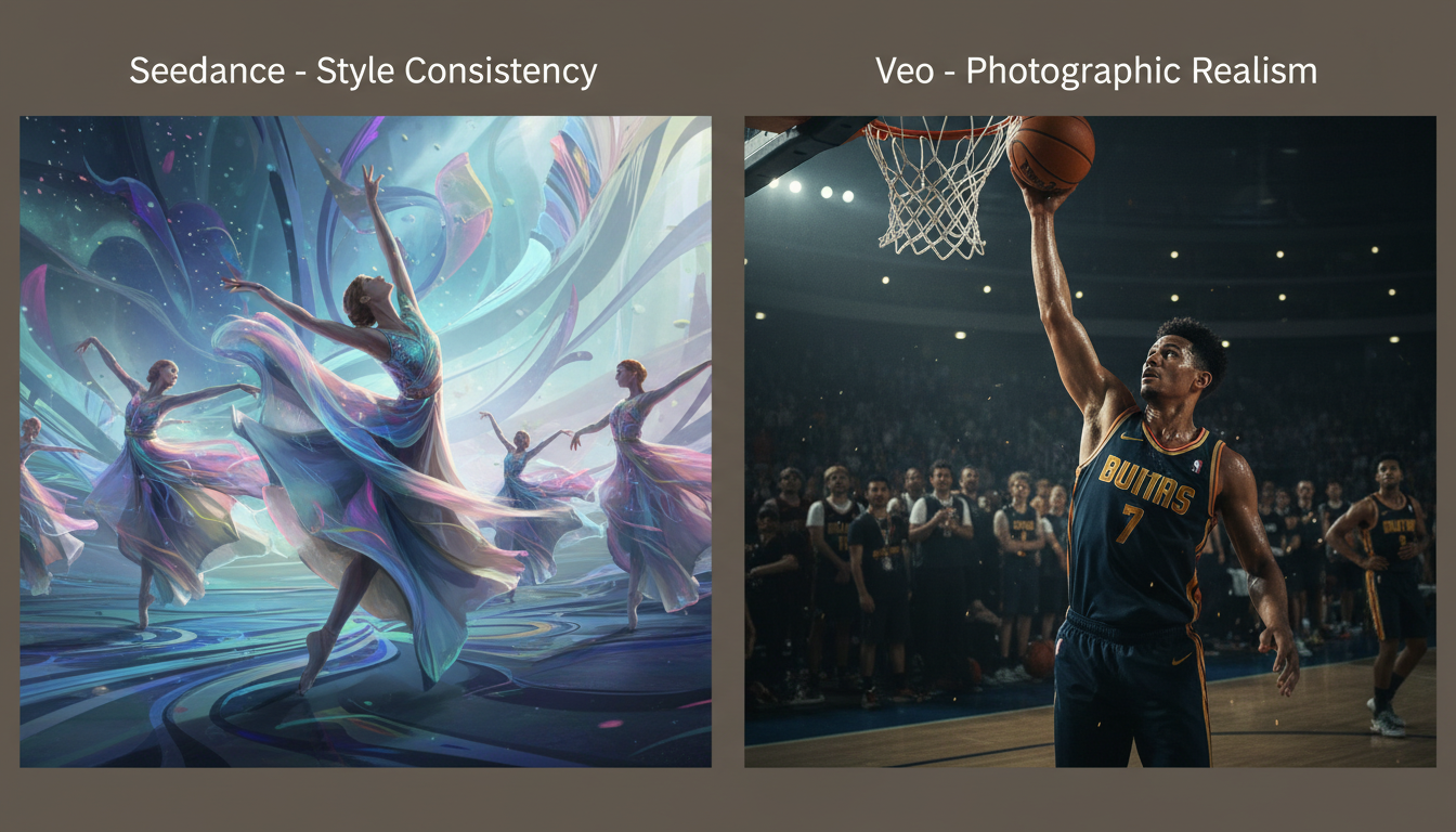 seedance _ vs _ veo _ thumbnail: Stilkonsistenz (Seedance) vs fotografischer Realismus (Veo), nebeneinander liegende Bilder, 16: 9.