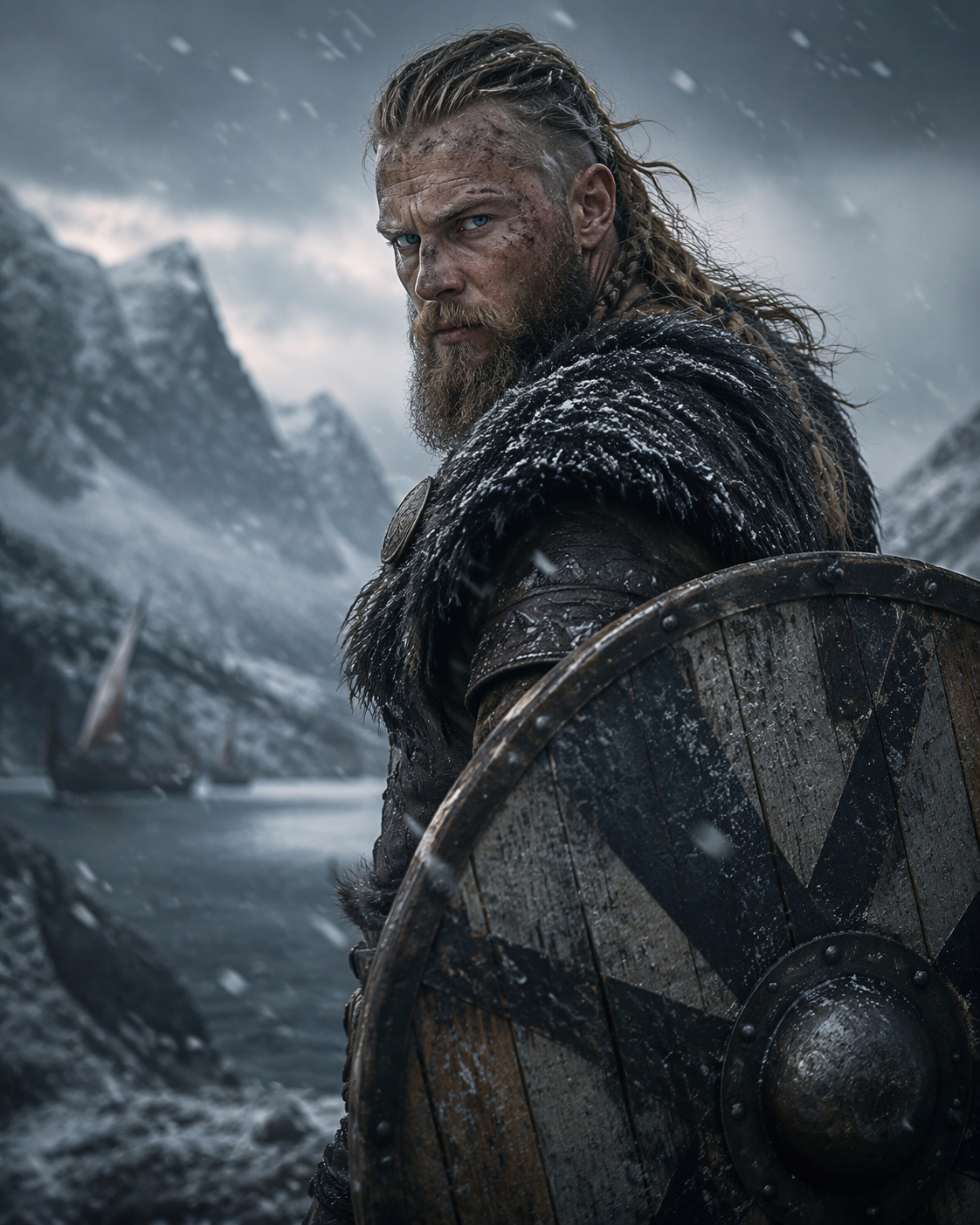Dreamina AI Viking portrait generator video prompt example 4: Mythic Shield Turn
