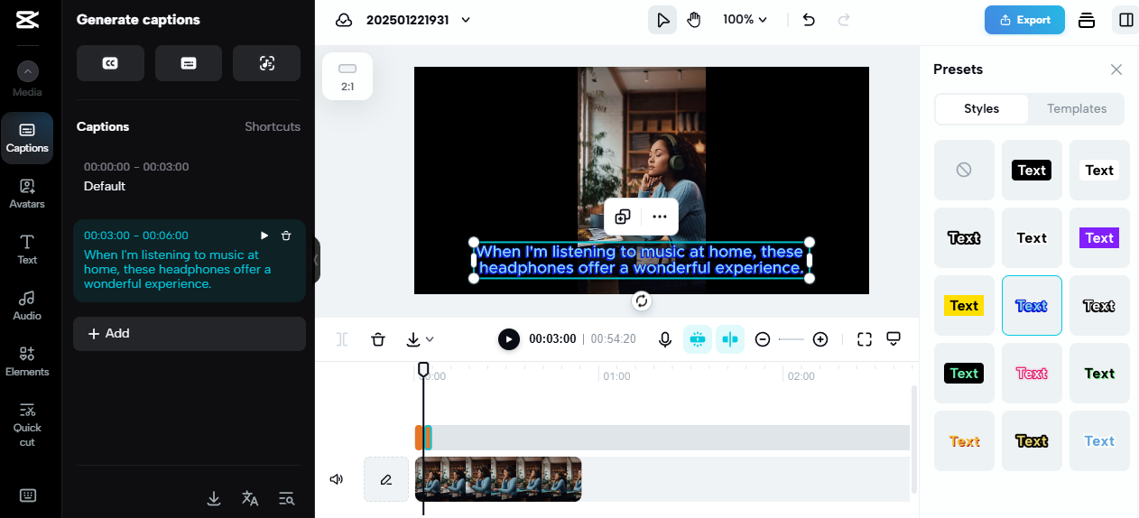 Videobearbeitungssoftware, die Untertitel für Affiliate-Marketing-Inhalte zeigt und erstklassige Kopfhörer hervorhebt.
