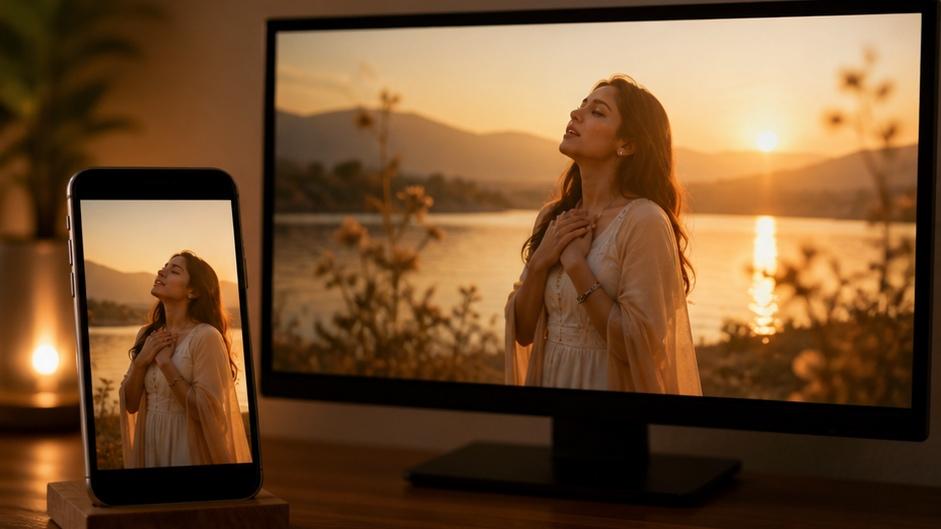Golden-hour beach portrait of a fictional adult main keh doon sabhi ko vn template