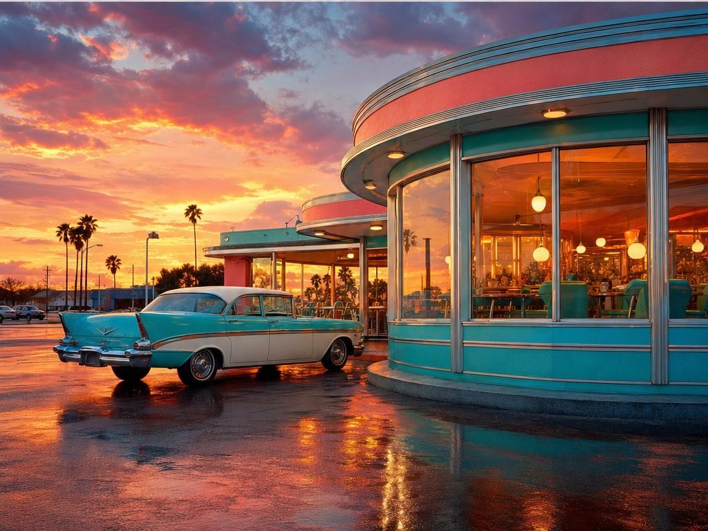 Morphic Text to Image AI Generator Alternative prompt example 2 - Retro diner at sunset