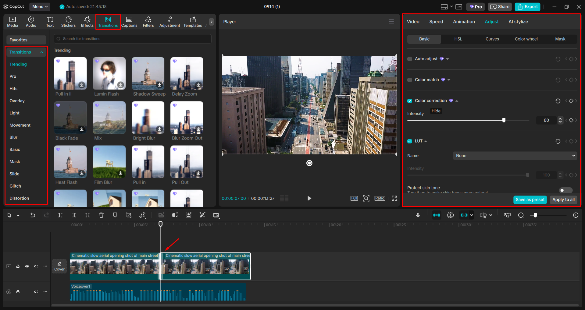 Correzione dei colori con AI nell' CapCut editor video desktop