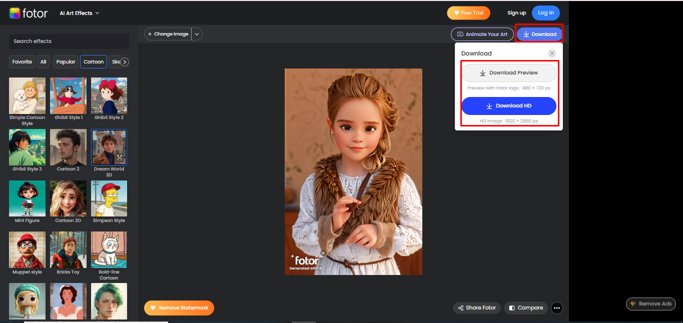 I-download ang iyong proyekto mula sa Fortor 3D cartoon picture maker