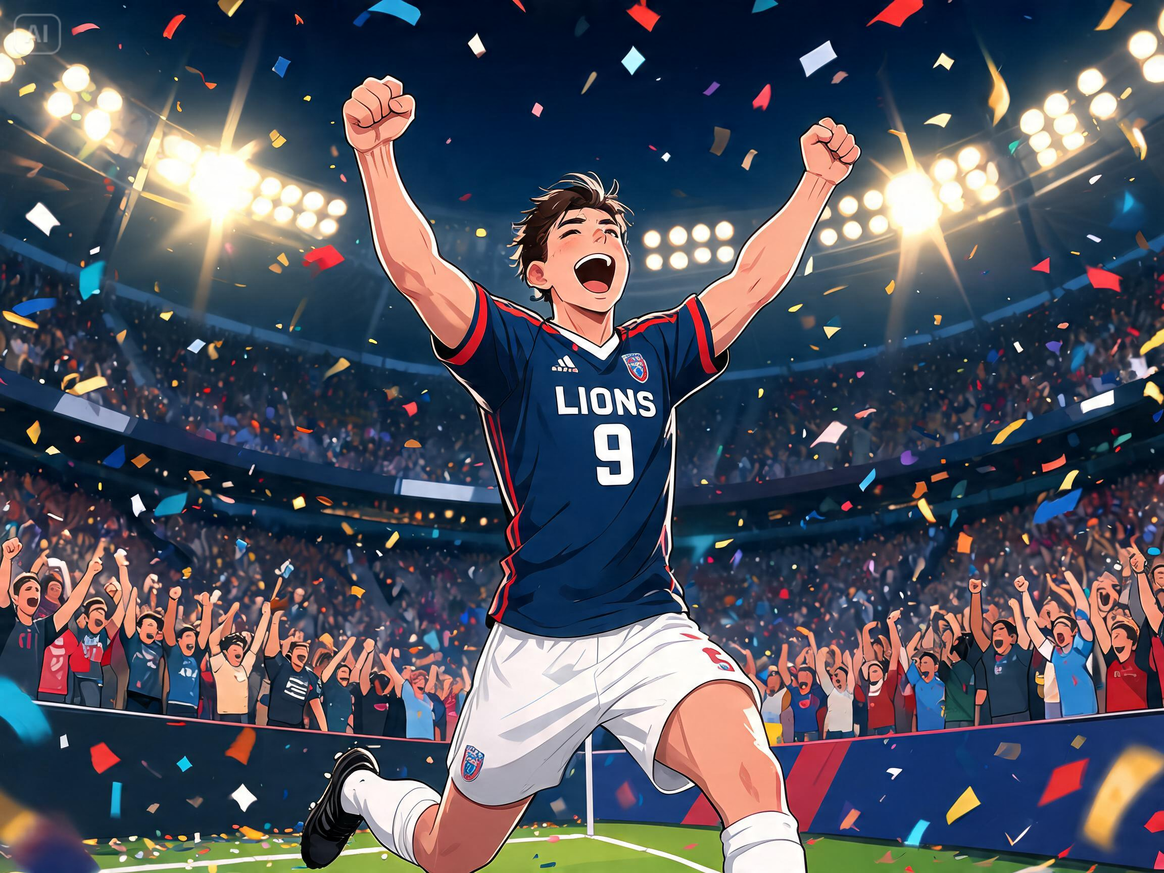 Prompt for a footballer celebrating a match-winning goal 