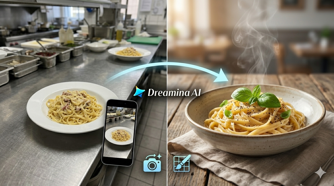Dreamina AI, menü fotoğrafları ve sosyal tanıtımlar için iştah açıcı dokular, doğru kaplama ve görüntüden videoya hareketlerle restoran yemeği görselleri üretiyor.