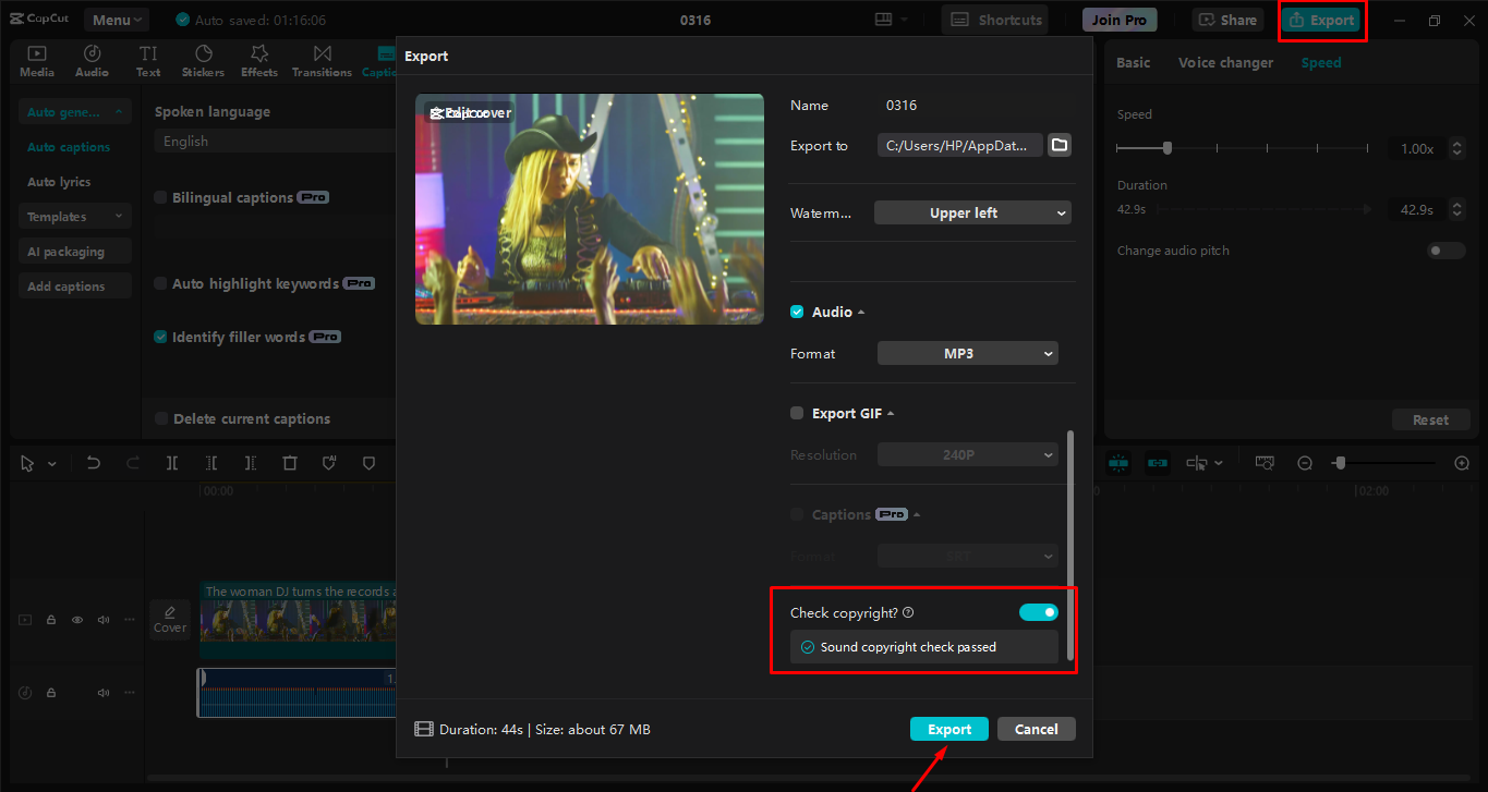 Exportation de vidéo vers l' CapCut éditeur vidéo de bureau