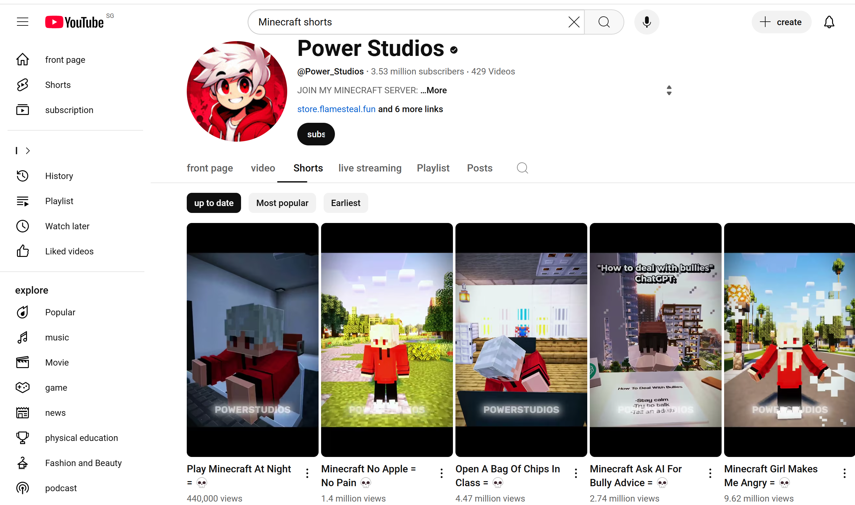 Chaîne Power Studios YouTube Minecraft Shorts présentant des vidéos tendances