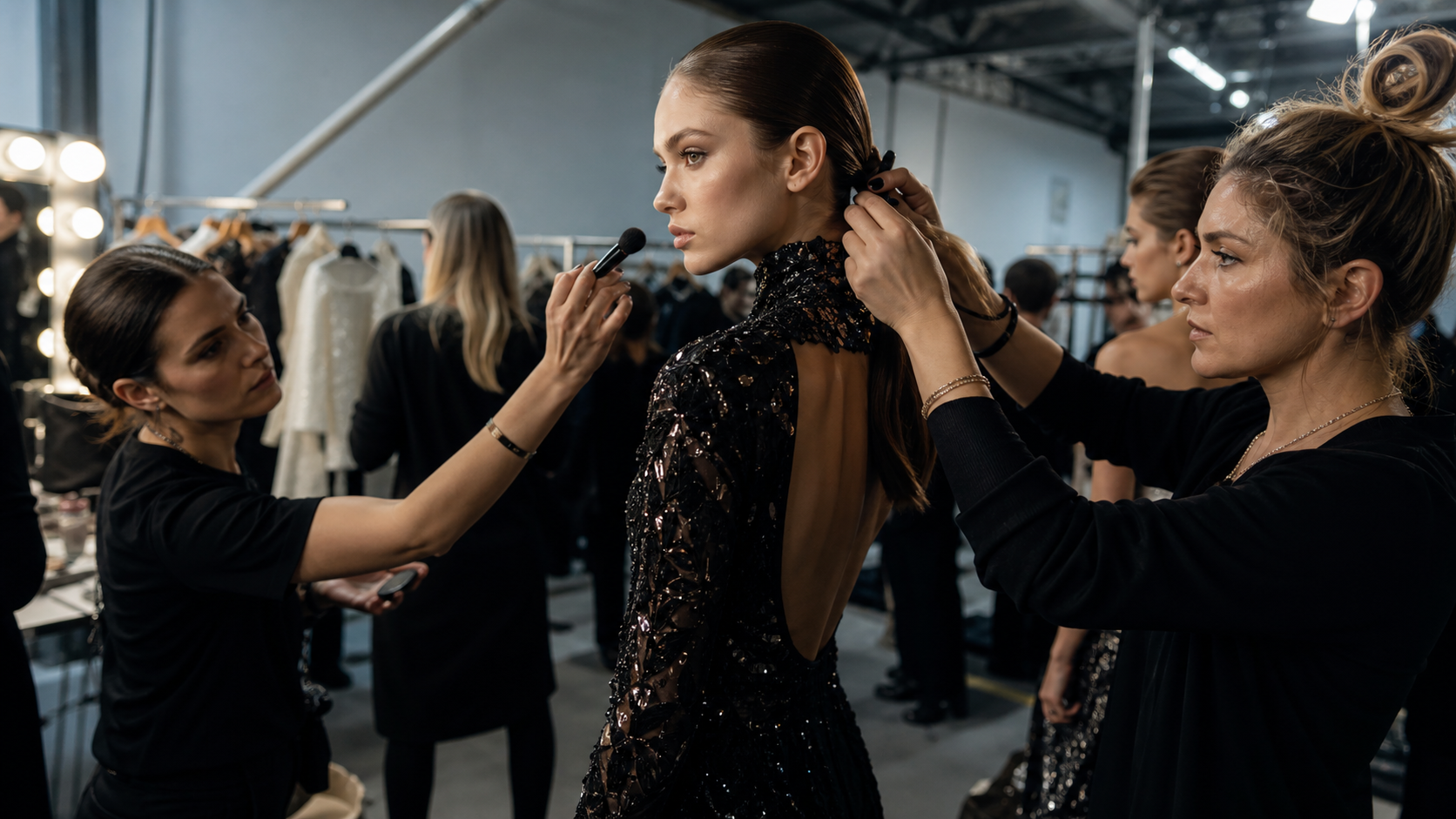 Fashion Week Backstage AI Video prompt example 3 - Fashion Week Backstage wide establishing shot