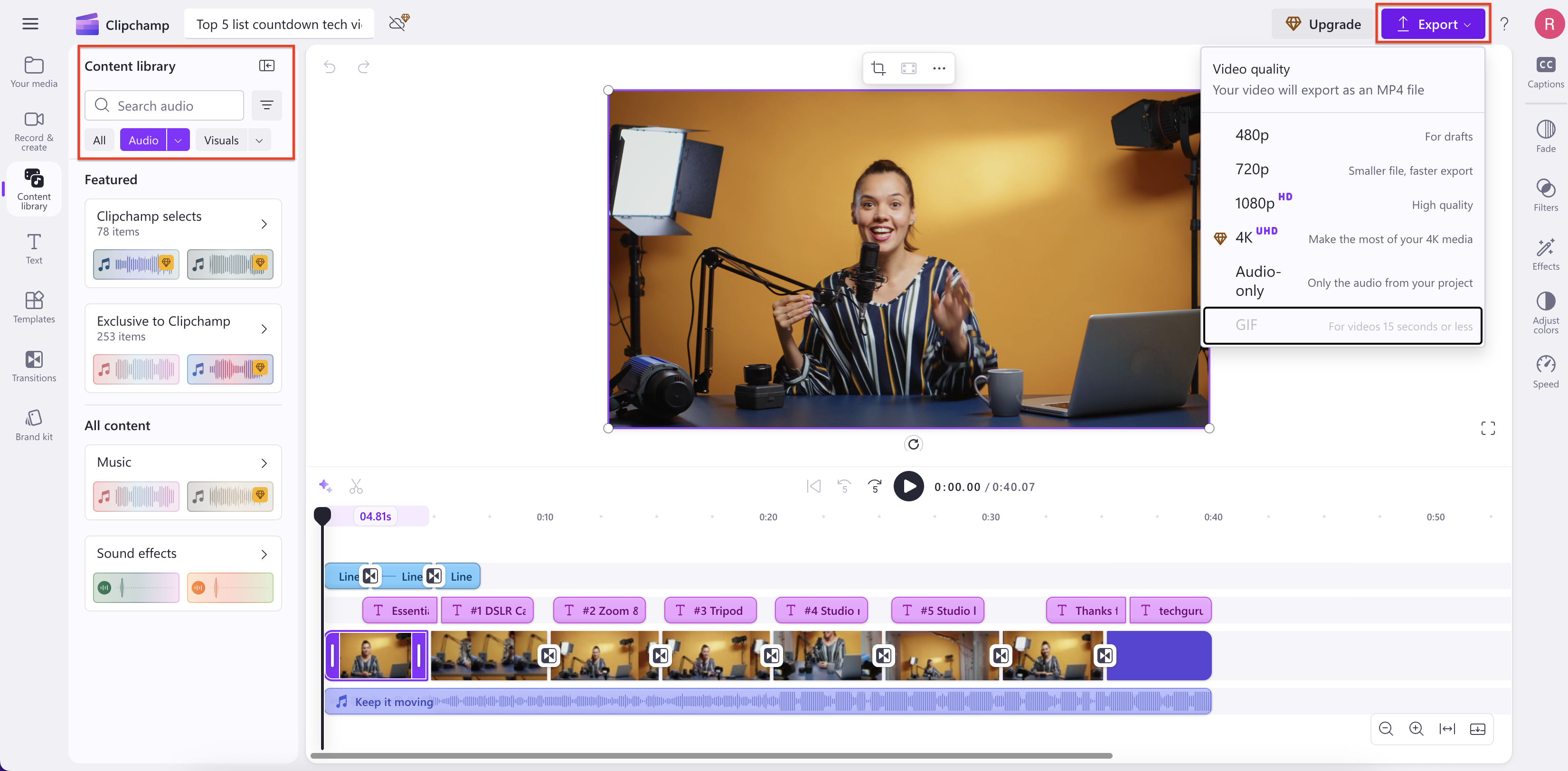 Pantalla de exportación de Clipchamp para el video de demostración.