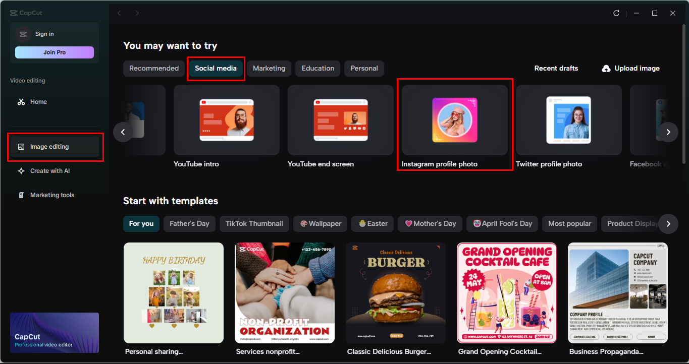 Imej menunjukkan cara memilih templat profil Instagram dalam editor video desktop CapCut