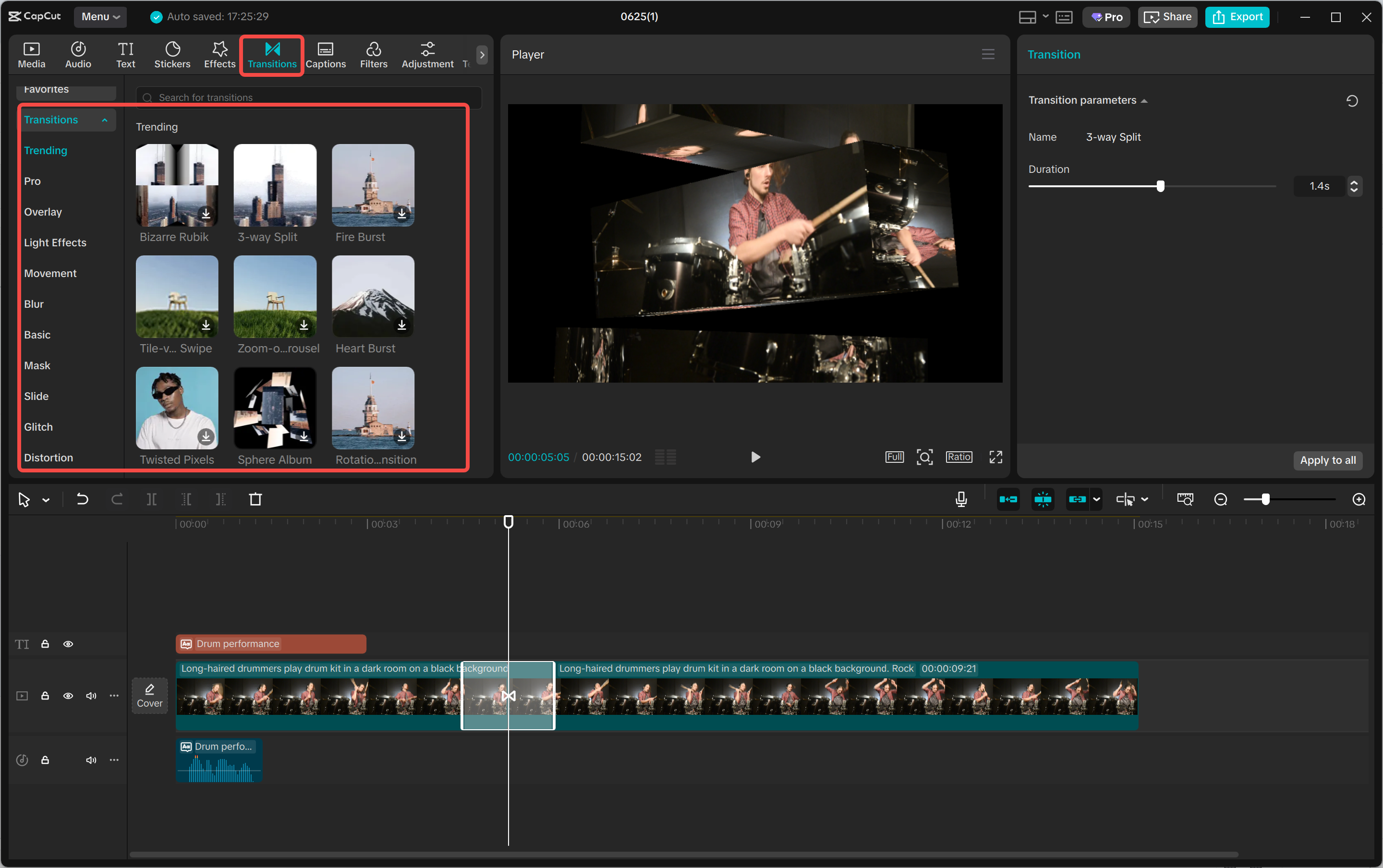 CapCut desktop Transitions panel and application between clips